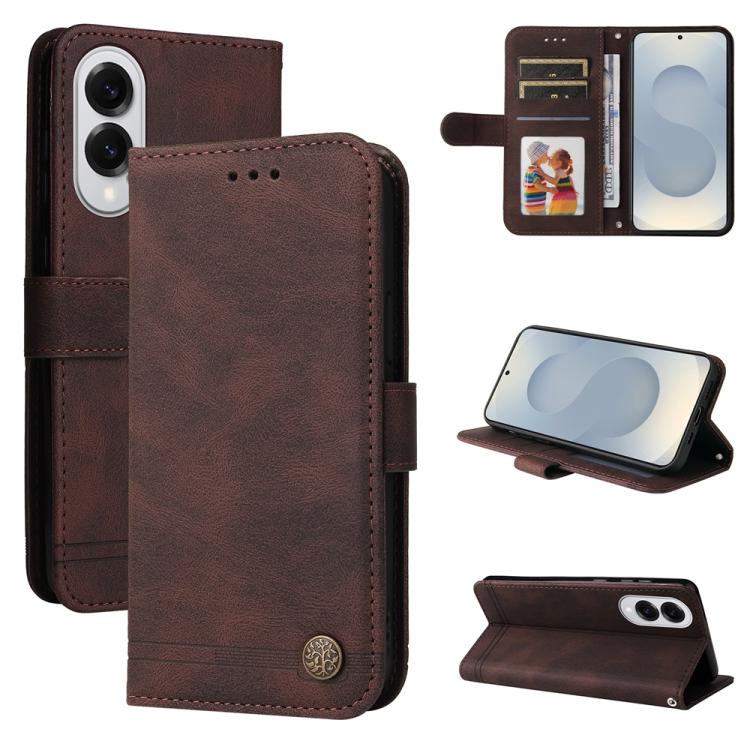 Custodia per telefono in pelle con bottone in metallo e motivo albero della vita Skin Feel, For Samsung Galaxy S26 5G, For Samsung Galaxy S25 Edge 5G, For Samsung Galaxy S25 5G, For Samsung Galaxy S25+ 5G