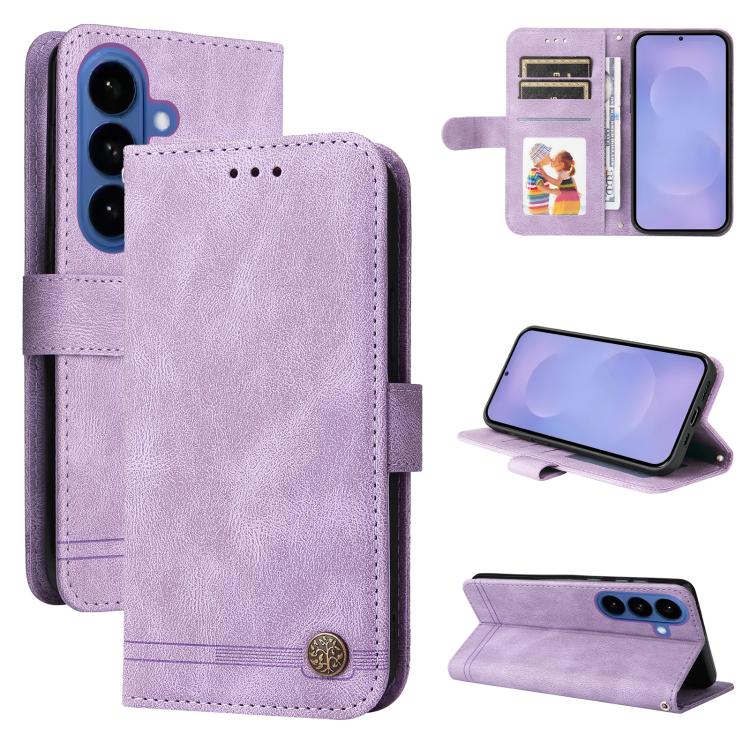 Custodia per telefono in pelle con bottone in metallo e motivo albero della vita Skin Feel, For Samsung Galaxy S26 5G, For Samsung Galaxy S25 Edge 5G, For Samsung Galaxy S25 5G, For Samsung Galaxy S25+ 5G