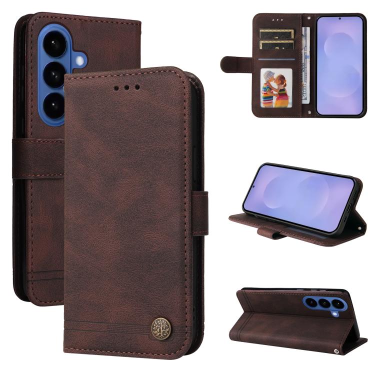 Custodia per telefono in pelle con bottone in metallo e motivo albero della vita Skin Feel, For Samsung Galaxy S26 5G, For Samsung Galaxy S25 Edge 5G, For Samsung Galaxy S25 5G, For Samsung Galaxy S25+ 5G