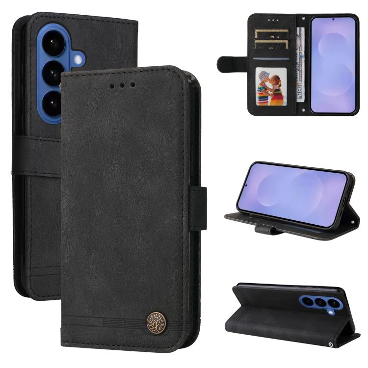 Custodia per telefono in pelle con bottone in metallo e motivo albero della vita Skin Feel, For Samsung Galaxy S26 5G, For Samsung Galaxy S25 Edge 5G, For Samsung Galaxy S25 5G, For Samsung Galaxy S25+ 5G