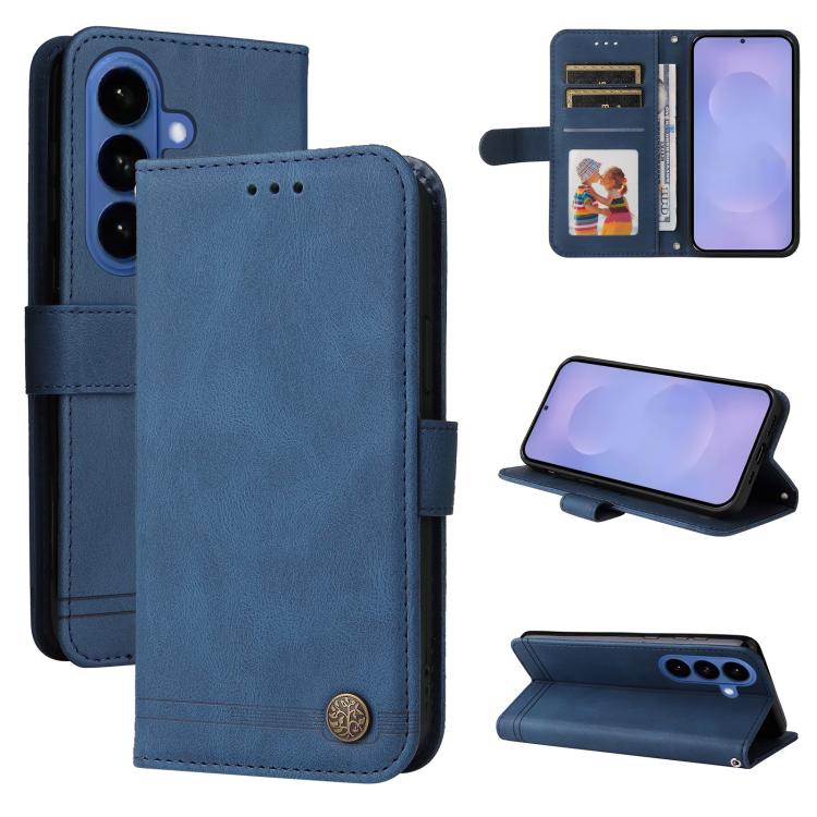 Custodia per telefono in pelle con bottone in metallo e motivo albero della vita Skin Feel, For Samsung Galaxy S26 5G, For Samsung Galaxy S25 Edge 5G, For Samsung Galaxy S25 5G, For Samsung Galaxy S25+ 5G