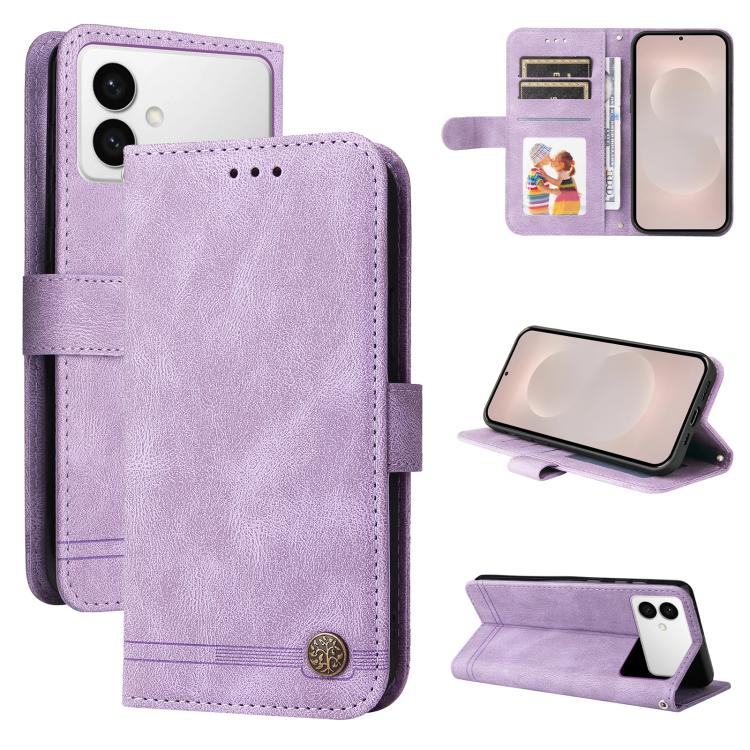 Custodia per telefono in pelle con bottone in metallo e motivo albero della vita Skin Feel, For Galaxy S26 FE 5G, For Samsung Galaxy S26+ 5G, For Samsung Galaxy S26 Edge 5G, For Samsung Galaxy S26 Ultra 5G