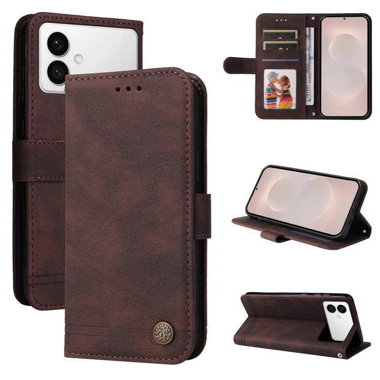 Custodia per telefono in pelle con bottone in metallo e motivo albero della vita Skin Feel, For Galaxy S26 FE 5G, For Samsung Galaxy S26+ 5G, For Samsung Galaxy S26 Edge 5G, For Samsung Galaxy S26 Ultra 5G