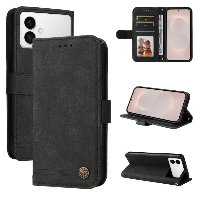Custodia per telefono in pelle con bottone in metallo e motivo albero della vita Skin Feel, For Galaxy S26 FE 5G, For Samsung Galaxy S26+ 5G, For Samsung Galaxy S26 Edge 5G, For Samsung Galaxy S26 Ultra 5G