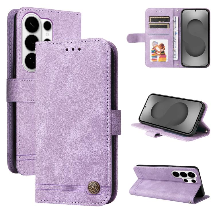 Custodia per telefono in pelle con bottone in metallo e motivo albero della vita Skin Feel, For Galaxy S26 FE 5G, For Samsung Galaxy S26+ 5G, For Samsung Galaxy S26 Edge 5G, For Samsung Galaxy S26 Ultra 5G