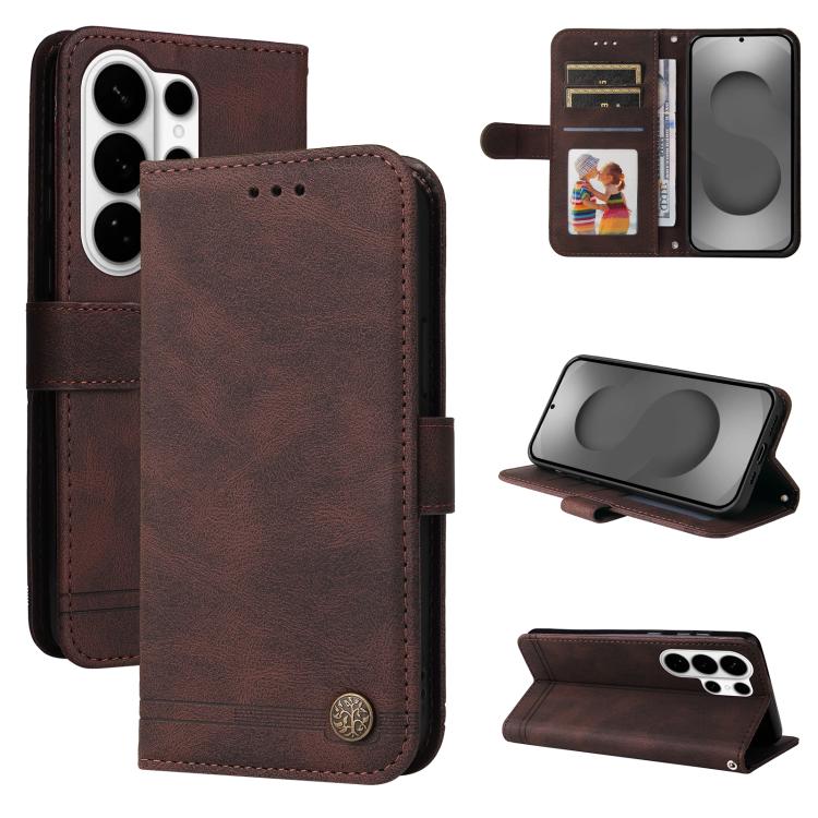 Custodia per telefono in pelle con bottone in metallo e motivo albero della vita Skin Feel, For Galaxy S26 FE 5G, For Samsung Galaxy S26+ 5G, For Samsung Galaxy S26 Edge 5G, For Samsung Galaxy S26 Ultra 5G
