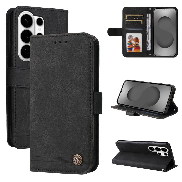 Custodia per telefono in pelle con bottone in metallo e motivo albero della vita Skin Feel, For Galaxy S26 FE 5G, For Samsung Galaxy S26+ 5G, For Samsung Galaxy S26 Edge 5G, For Samsung Galaxy S26 Ultra 5G
