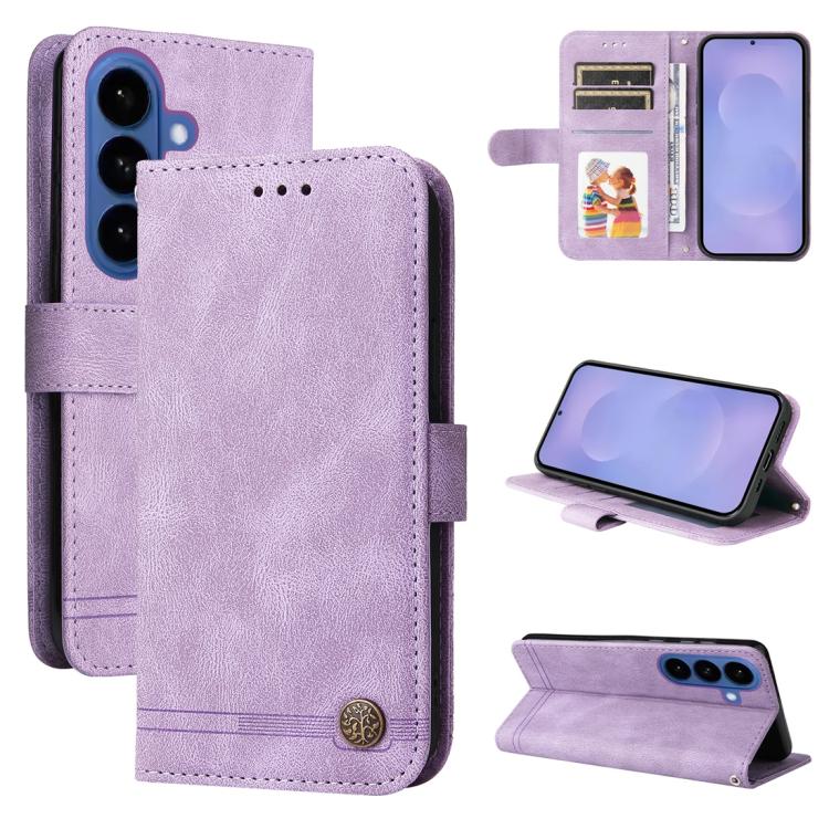 Custodia per telefono in pelle con bottone in metallo e motivo albero della vita Skin Feel, For Galaxy S26 FE 5G, For Samsung Galaxy S26+ 5G, For Samsung Galaxy S26 Edge 5G, For Samsung Galaxy S26 Ultra 5G