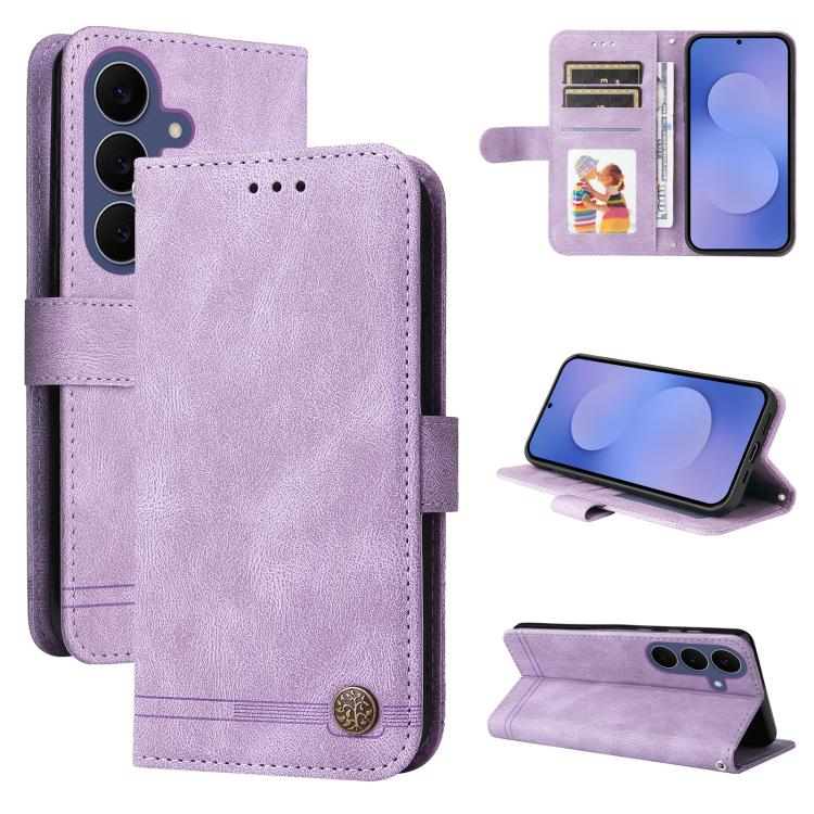 Custodia per telefono in pelle con bottone in metallo e motivo albero della vita Skin Feel, For Galaxy S26 FE 5G, For Samsung Galaxy S26+ 5G, For Samsung Galaxy S26 Edge 5G, For Samsung Galaxy S26 Ultra 5G