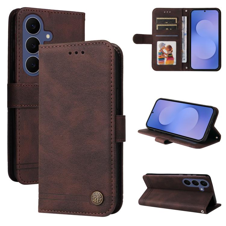 Custodia per telefono in pelle con bottone in metallo e motivo albero della vita Skin Feel, For Galaxy S26 FE 5G, For Samsung Galaxy S26+ 5G, For Samsung Galaxy S26 Edge 5G, For Samsung Galaxy S26 Ultra 5G