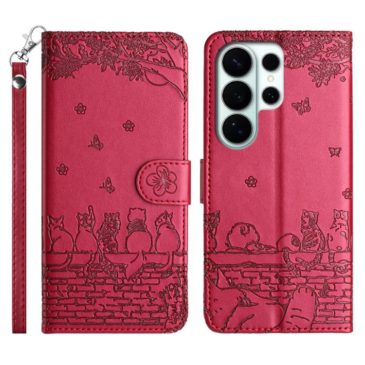 Custodia per telefono in pelle con motivo gatto in rilievo con cordino, For Samsung Galaxy S26+ 5G, For Samsung Galaxy S26 Edge 5G, For Samsung Galaxy S26 Ultra 5G, For Samsung Galaxy S26 5G