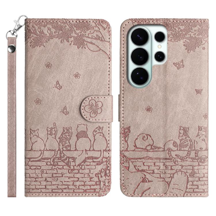 Custodia per telefono in pelle con motivo gatto in rilievo con cordino, For Samsung Galaxy S26+ 5G, For Samsung Galaxy S26 Edge 5G, For Samsung Galaxy S26 Ultra 5G, For Samsung Galaxy S26 5G