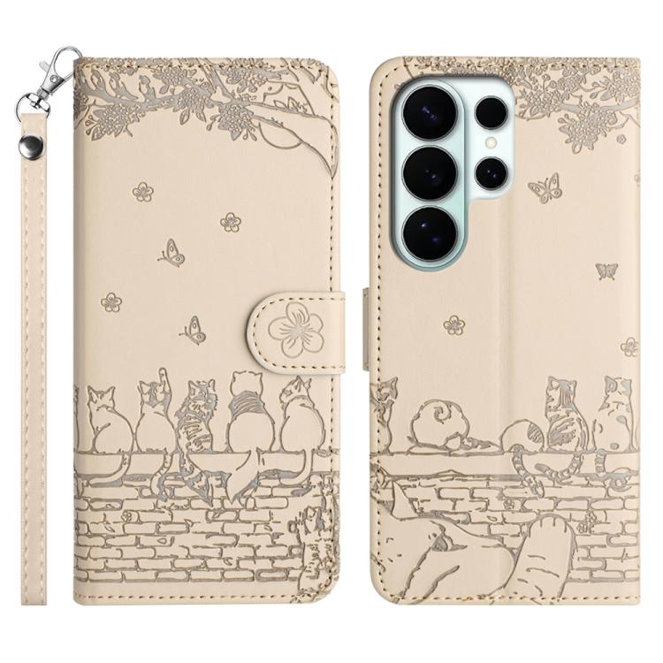Custodia per telefono in pelle con motivo gatto in rilievo con cordino, For Samsung Galaxy S26+ 5G, For Samsung Galaxy S26 Edge 5G, For Samsung Galaxy S26 Ultra 5G, For Samsung Galaxy S26 5G