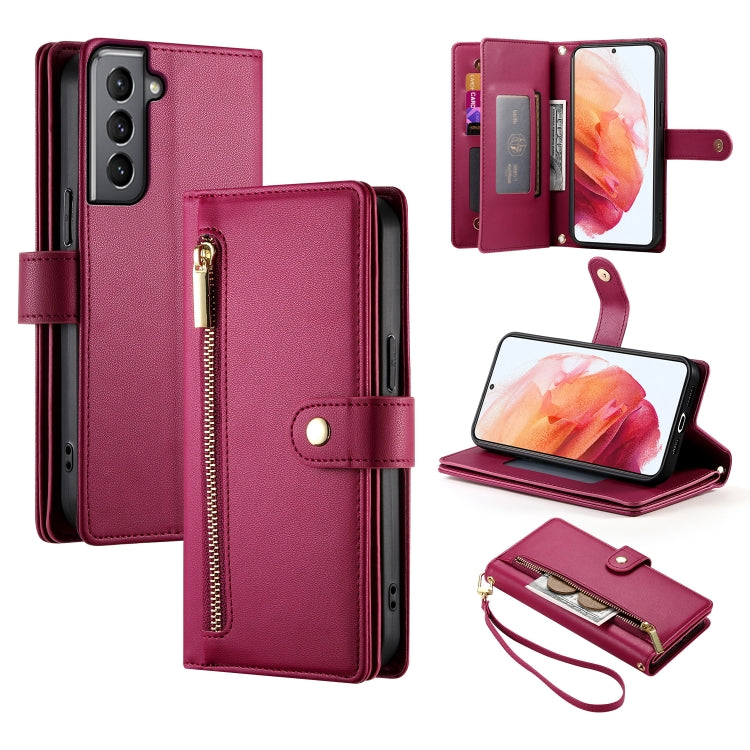 Custodia per cellulare in pelle con nove scomparti per carte e cerniera, For Samsung Galaxy S22+ 5G, For Samsung Galaxy S22 5G, For Samsung Galaxy S21 FE 5G, For Samsung Galaxy S21 5G
