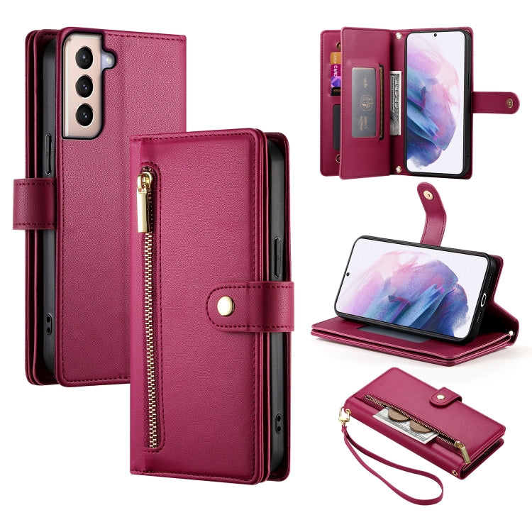 Custodia per cellulare in pelle con nove scomparti per carte e cerniera, For Samsung Galaxy S21+ 5G, For Samsung Galaxy S21 Ultra 5G