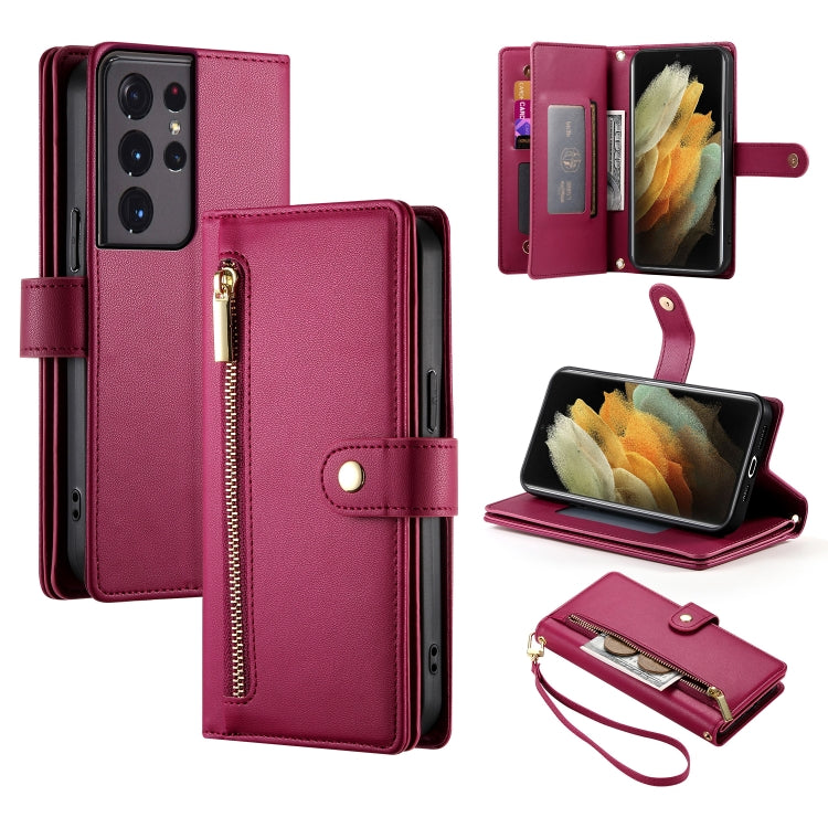 Custodia per cellulare in pelle con nove scomparti per carte e cerniera, For Samsung Galaxy S21+ 5G, For Samsung Galaxy S21 Ultra 5G