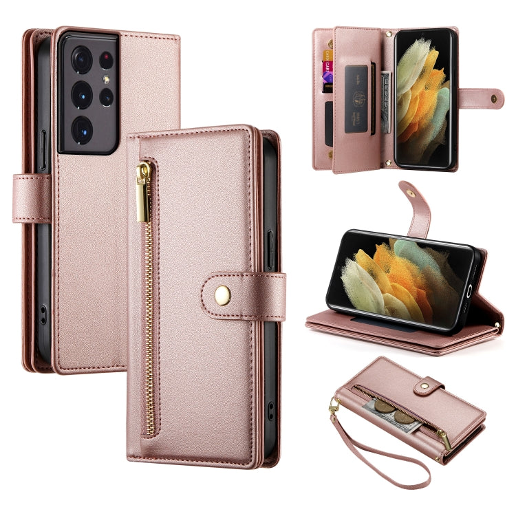Custodia per cellulare in pelle con nove scomparti per carte e cerniera, For Samsung Galaxy S21+ 5G, For Samsung Galaxy S21 Ultra 5G