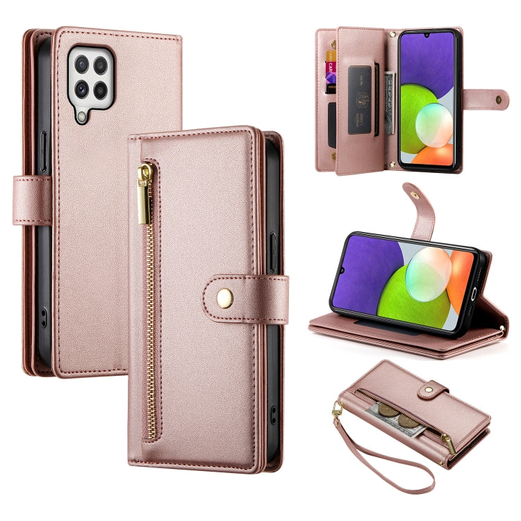 Portafoglio con cerniera e nove scomparti per carte di credito, custodia in pelle per telefono, For Samsung Galaxy A22 4G, For Samsung Galaxy A32 4G, For Samsung Galaxy A72 5G / 4G, For Samsung Galaxy A12 / M12
