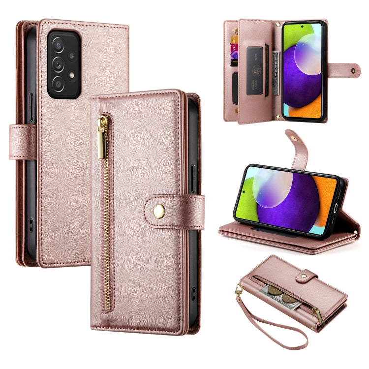 Portafoglio con cerniera e nove scomparti per carte di credito, custodia in pelle per telefono, For Samsung Galaxy A22 5G / F42 5G, For Samsung Galaxy A53 5G, For Samsung Galaxy A73 5G, For Samsung Galaxy A52 5G / 4G / A52s