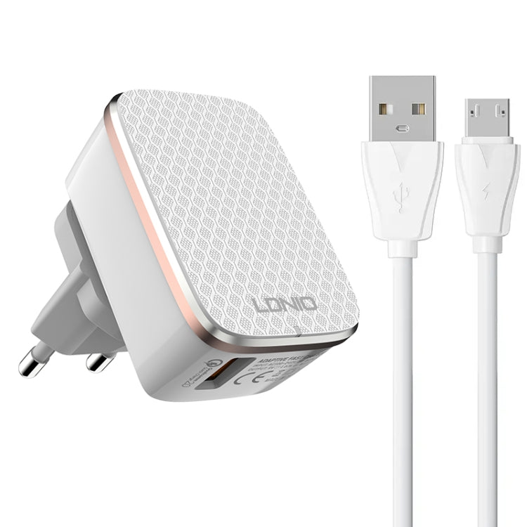 Caricabatterie rapido USB LDNIO A1204Q QC3.0 da 18 W con cavo da USB a Micro USB da 1 m, EU Plug, UK Plug, AU Plug