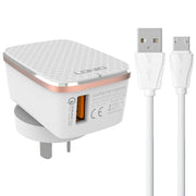 Caricabatterie rapido USB LDNIO A1204Q QC3.0 da 18 W con cavo da USB a Micro USB da 1 m, EU Plug, UK Plug, AU Plug