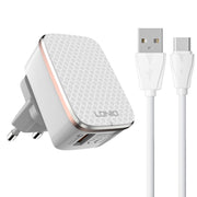 Caricabatterie rapido USB LDNIO A1204Q QC3.0 da 18 W con cavo da USB a USB-C/Type-C da 1 m, EU Plug, UK Plug, US Plug
