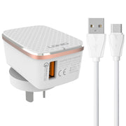 Caricabatterie rapido USB LDNIO A1204Q QC3.0 da 18 W con cavo da USB a USB-C/Type-C da 1 m, EU Plug, UK Plug, US Plug