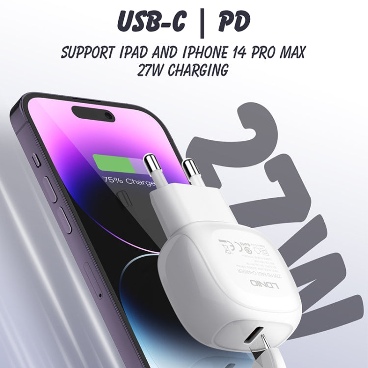LDNIO A1206C PD27W Caricabatterie rapido USB-C / Type-C con cavo a 8 pin da 1 m, EU Plug