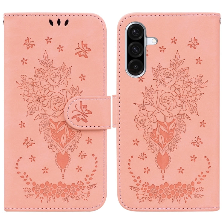 Custodia per telefono in pelle goffrata con farfalla e rosa, For Samsung Galaxy A57 5G, For Samsung Galaxy A37 5G / A36 5G, For Samsung Galaxy A07 4G / A06 4G / 5G, For Samsung Galaxy A36 5G / A56 5G