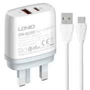 Caricabatterie rapido LDNIO Q229 QC3.0 / PD20W USB + Type-C con cavo USB-Micro USB da 1 m, EU Plug, UK Plug, US Plug