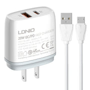 Caricabatterie rapido LDNIO Q229 QC3.0 / PD20W USB + Type-C con cavo USB-Micro USB da 1 m, EU Plug, UK Plug, US Plug