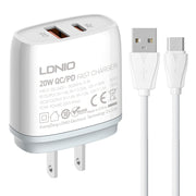 Caricabatterie rapido LDNIO Q229 QC3.0 / PD20W USB + Type-C con cavo da USB a Type-C da 1 m, EU Plug, UK Plug, US Plug