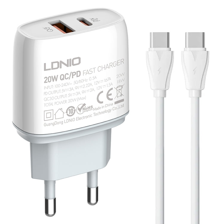 Caricabatterie rapido LDNIO Q229 QC3.0 / PD20W USB + Type-C con cavo da 1 m da Type-C a Type-C, EU Plug, UK Plug, US Plug