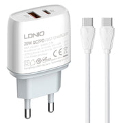 Caricabatterie rapido LDNIO Q229 QC3.0 / PD20W USB + Type-C con cavo da 1 m da Type-C a Type-C, EU Plug, UK Plug, US Plug