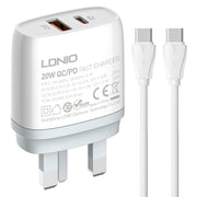 Caricabatterie rapido LDNIO Q229 QC3.0 / PD20W USB + Type-C con cavo da 1 m da Type-C a Type-C, EU Plug, UK Plug, US Plug
