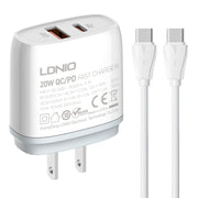 Caricabatterie rapido LDNIO Q229 QC3.0 / PD20W USB + Type-C con cavo da 1 m da Type-C a Type-C, EU Plug, UK Plug, US Plug