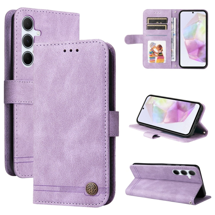 Custodia per telefono in pelle con bottone in metallo e motivo albero della vita Skin Feel, For Galaxy A06 4G / 5G, For Galaxy A36 5G / A56 5G, For Galaxy A25 5G Japan Version / A25e