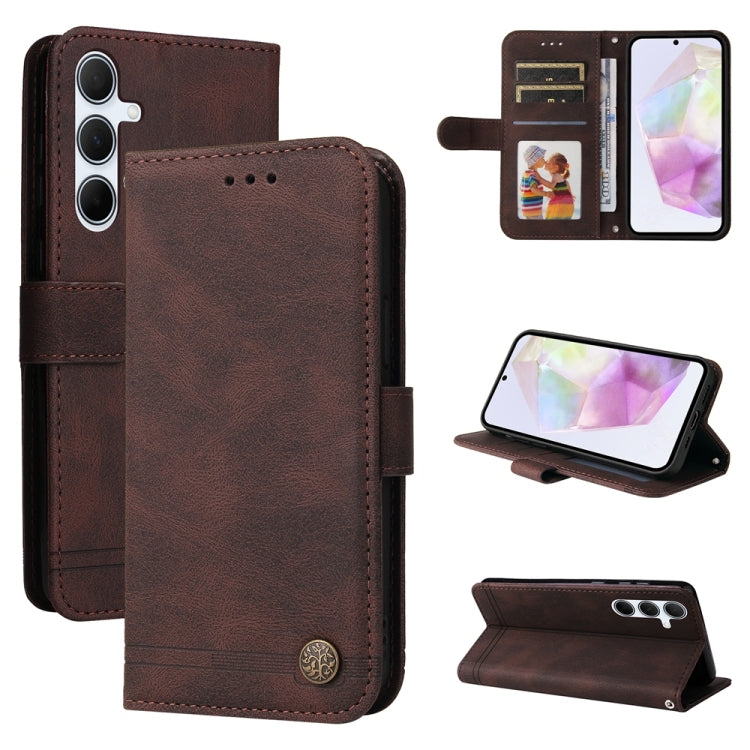 Custodia per telefono in pelle con bottone in metallo e motivo albero della vita Skin Feel, For Galaxy A06 4G / 5G, For Galaxy A36 5G / A56 5G, For Galaxy A25 5G Japan Version / A25e