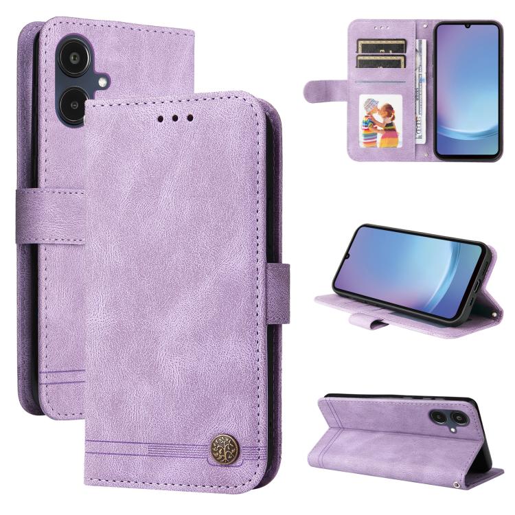 Custodia per telefono in pelle con bottone in metallo e motivo albero della vita Skin Feel, For Galaxy A06 4G / 5G, For Galaxy A36 5G / A56 5G, For Galaxy A25 5G Japan Version / A25e