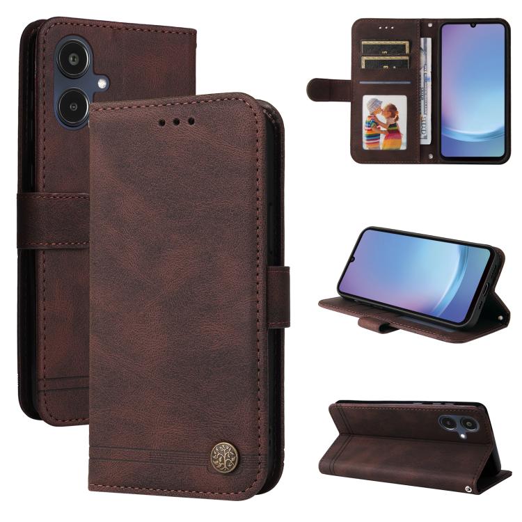 Custodia per telefono in pelle con bottone in metallo e motivo albero della vita Skin Feel, For Galaxy A06 4G / 5G, For Galaxy A36 5G / A56 5G, For Galaxy A25 5G Japan Version / A25e