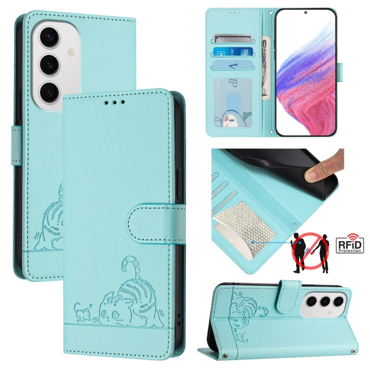Custodia per telefono in pelle RFID con motivo gatto in rilievo con cordino, For Samsung Galaxy S25 Ultra 5G, For Samsung Galaxy S24 FE 5G