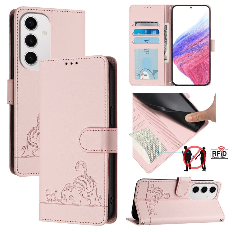 Custodia per telefono in pelle RFID con motivo gatto in rilievo con cordino, For Samsung Galaxy S25 Ultra 5G, For Samsung Galaxy S24 FE 5G