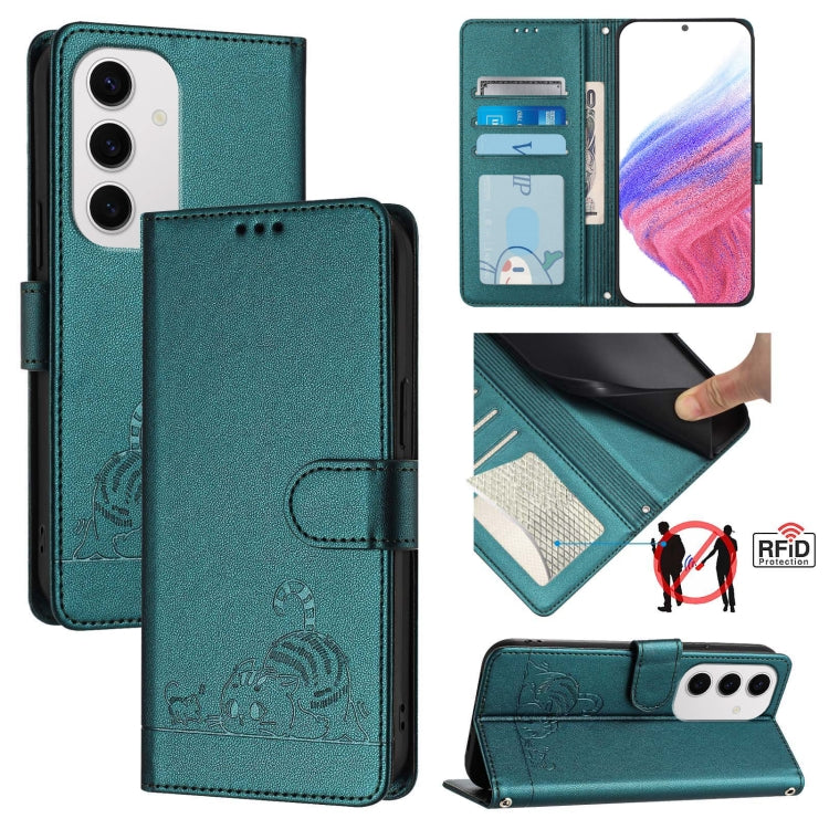 Custodia per telefono in pelle RFID con motivo gatto in rilievo con cordino, For Samsung Galaxy S25 Ultra 5G, For Samsung Galaxy S24 FE 5G