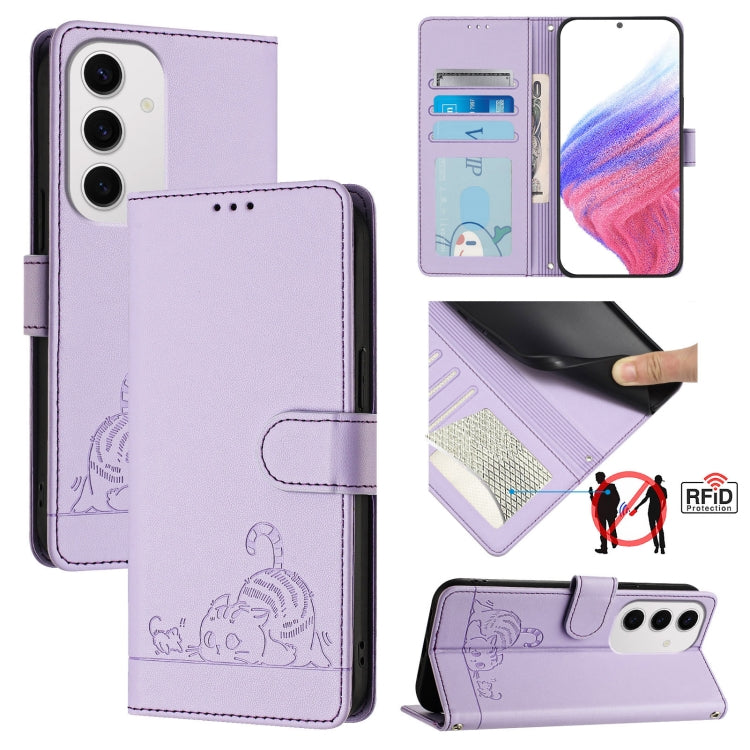Custodia per telefono in pelle RFID con motivo gatto in rilievo con cordino, For Samsung Galaxy S25 Ultra 5G, For Samsung Galaxy S24 FE 5G