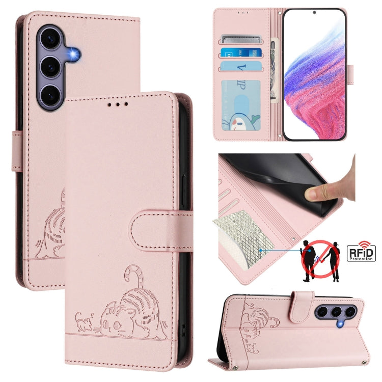 Custodia per telefono in pelle RFID con motivo gatto in rilievo con cordino, For Samsung Galaxy S26 5G, For Samsung Galaxy S25 Edge 5G, For Samsung Galaxy S25 5G, For Samsung Galaxy S25+ 5G
