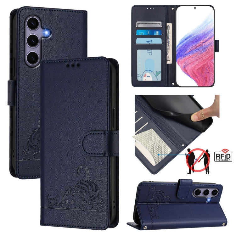 Custodia per telefono in pelle RFID con motivo gatto in rilievo con cordino, For Samsung Galaxy S26 5G, For Samsung Galaxy S25 Edge 5G, For Samsung Galaxy S25 5G, For Samsung Galaxy S25+ 5G