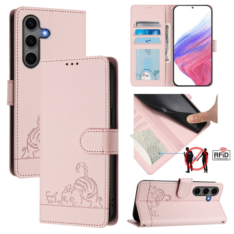 Custodia per telefono in pelle RFID con motivo gatto in rilievo con cordino, For Samsung Galaxy S26 5G, For Samsung Galaxy S25 Edge 5G, For Samsung Galaxy S25 5G, For Samsung Galaxy S25+ 5G