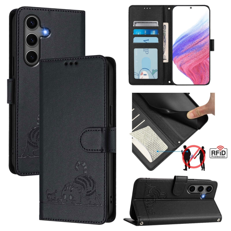 Custodia per telefono in pelle RFID con motivo gatto in rilievo con cordino, For Samsung Galaxy S26 5G, For Samsung Galaxy S25 Edge 5G, For Samsung Galaxy S25 5G, For Samsung Galaxy S25+ 5G