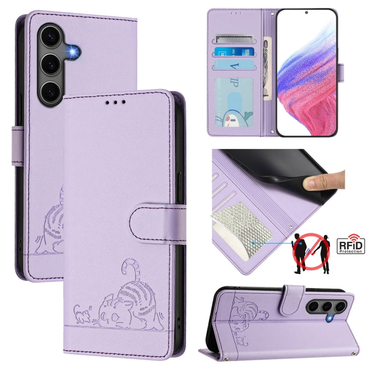 Custodia per telefono in pelle RFID con motivo gatto in rilievo con cordino, For Samsung Galaxy S26 5G, For Samsung Galaxy S25 Edge 5G, For Samsung Galaxy S25 5G, For Samsung Galaxy S25+ 5G