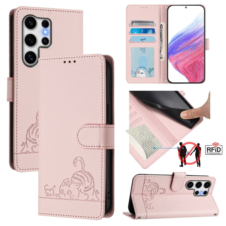 Custodia per telefono in pelle RFID con motivo gatto in rilievo con cordino, For Samsung Galaxy S25 Ultra 5G, For Samsung Galaxy S24 FE 5G